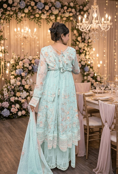 V-Neck Shimmer Tissue Anarkali Set with Churidar Sleeves