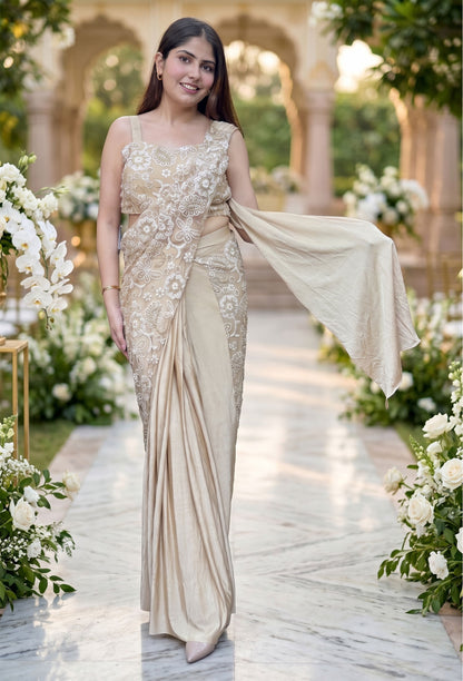 Designer Lycra Net Fusion Drape Saree with Spaghetti Style Strap Blouse