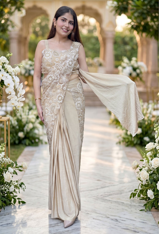 Designer Lycra Net Fusion Drape Saree with Spaghetti Style Strap Blouse