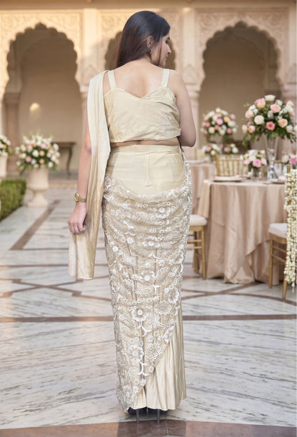 Designer Lycra Net Fusion Drape Saree with Spaghetti Style Strap Blouse