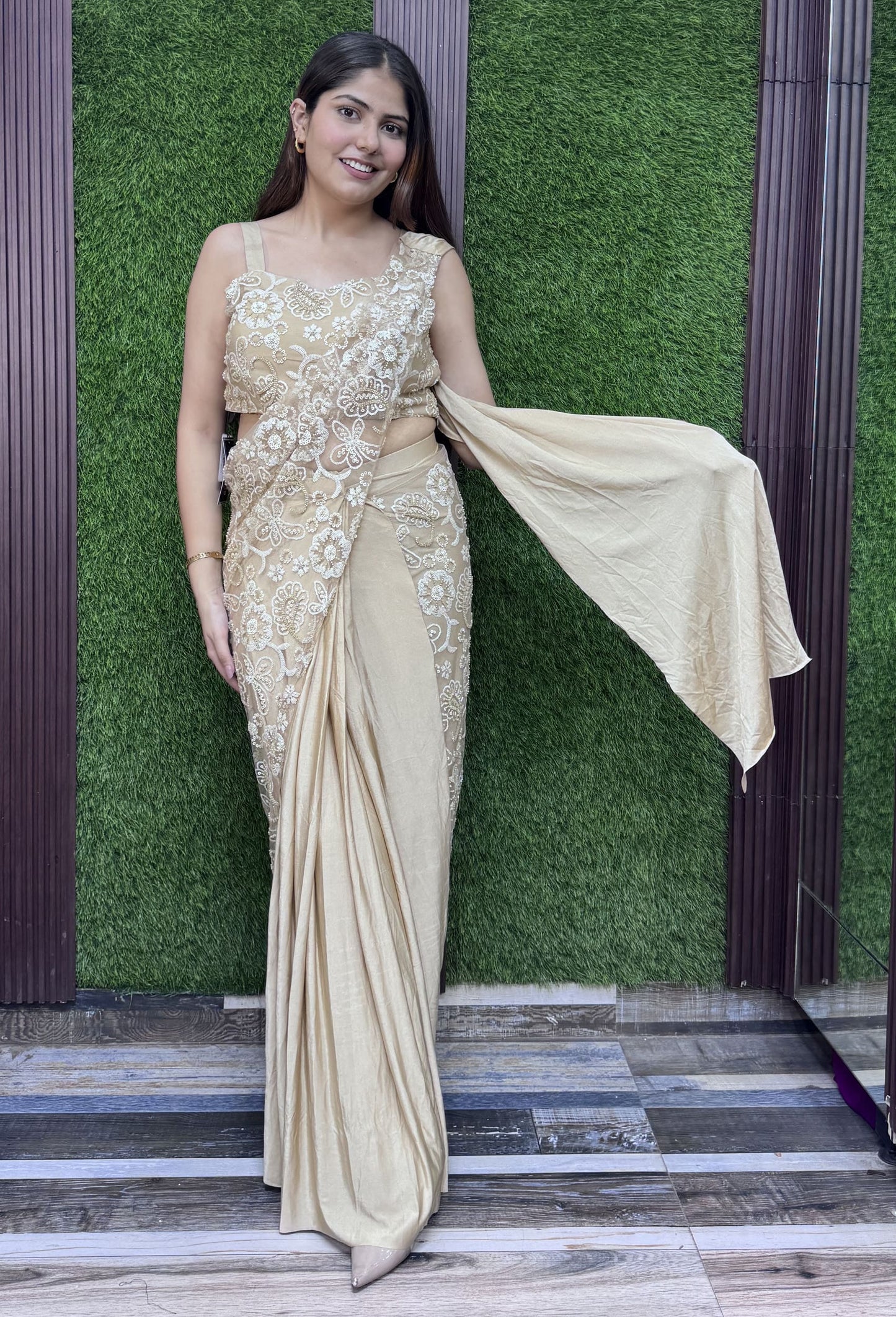 Designer Lycra Net Fusion Drape Saree with Spaghetti Style Strap Blouse