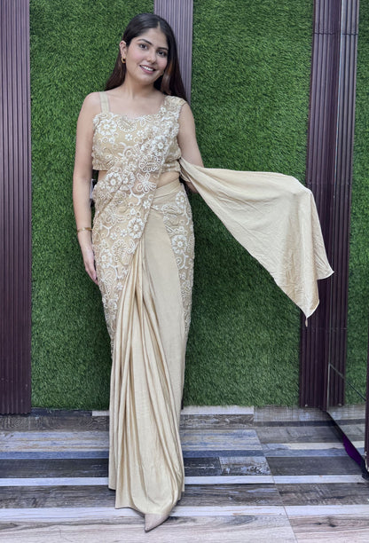 Designer Lycra Net Fusion Drape Saree with Spaghetti Style Strap Blouse