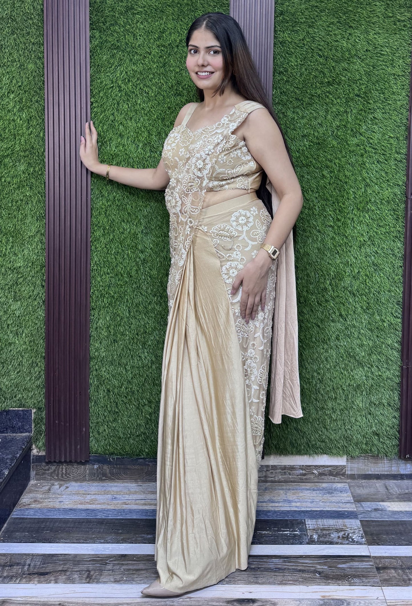 Designer Lycra Net Fusion Drape Saree with Spaghetti Style Strap Blouse