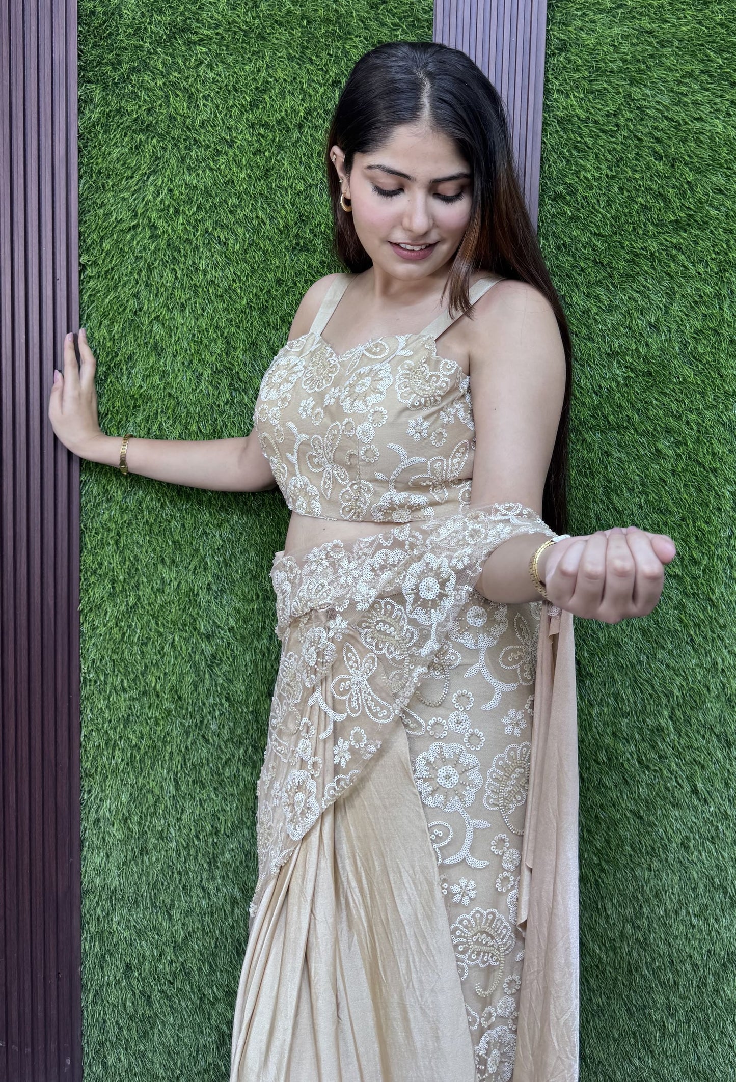 Designer Lycra Net Fusion Drape Saree with Spaghetti Style Strap Blouse