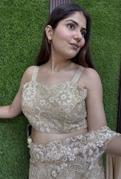 Designer Lycra Net Fusion Drape Saree with Spaghetti Style Strap Blouse