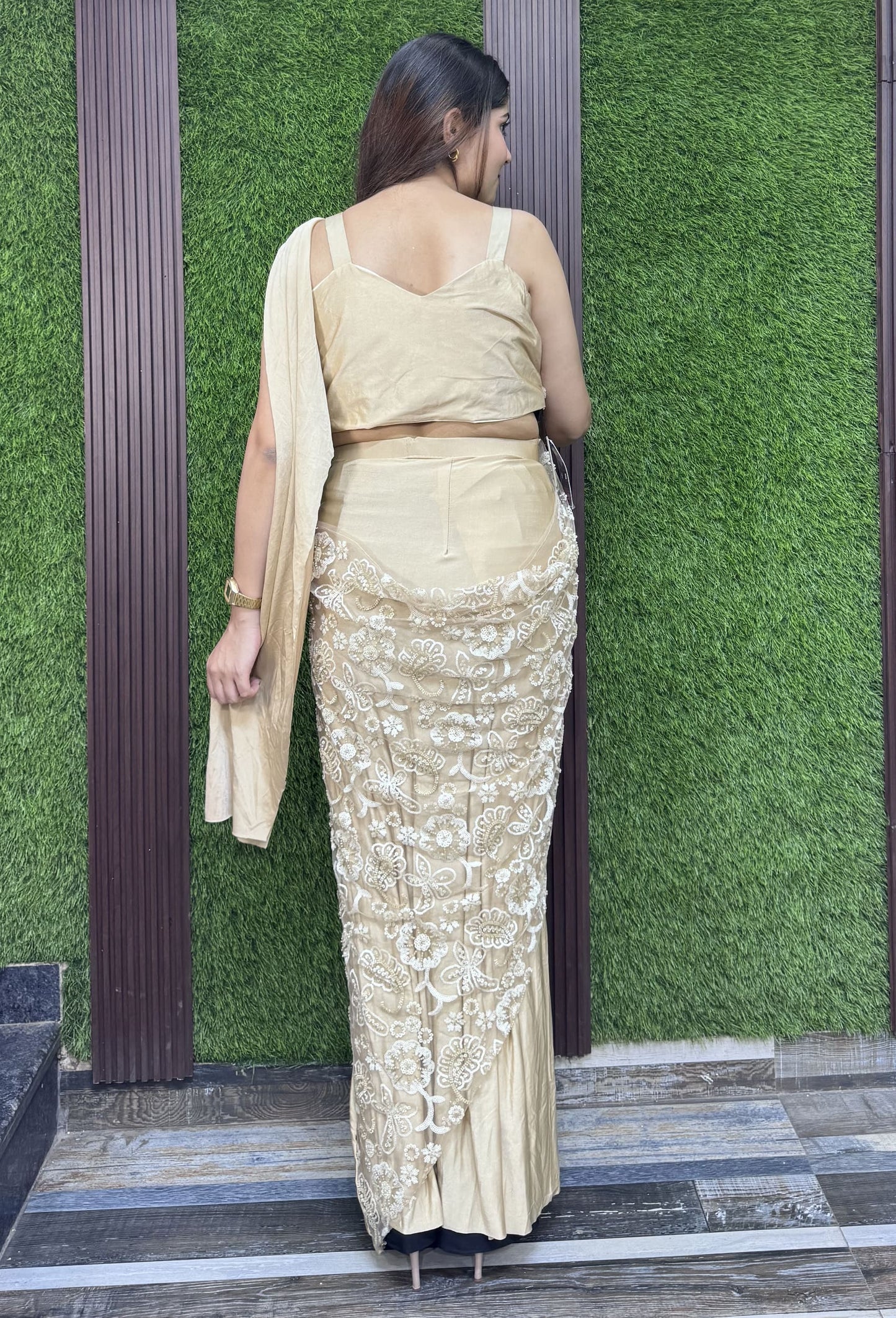 Designer Lycra Net Fusion Drape Saree with Spaghetti Style Strap Blouse