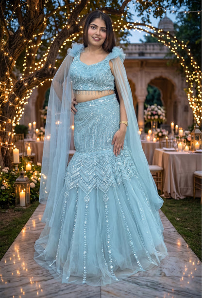 Fully Hand Embellished Designer Fish Cut Lehenga With Long Falling Sleeves Blouse