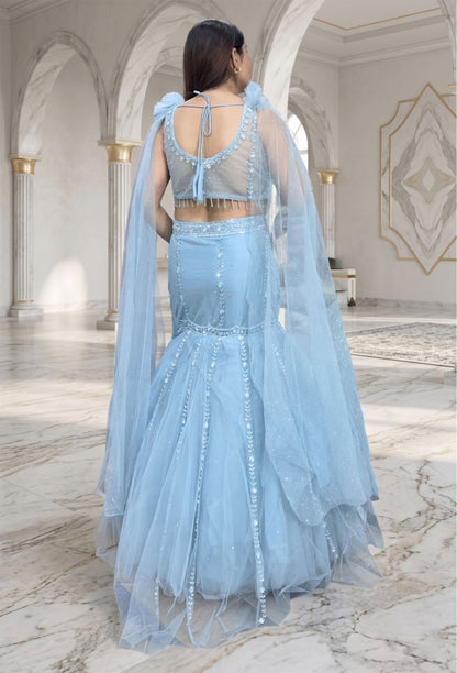 Fully Hand Embellished Designer Fish Cut Lehenga With Long Falling Sleeves Blouse