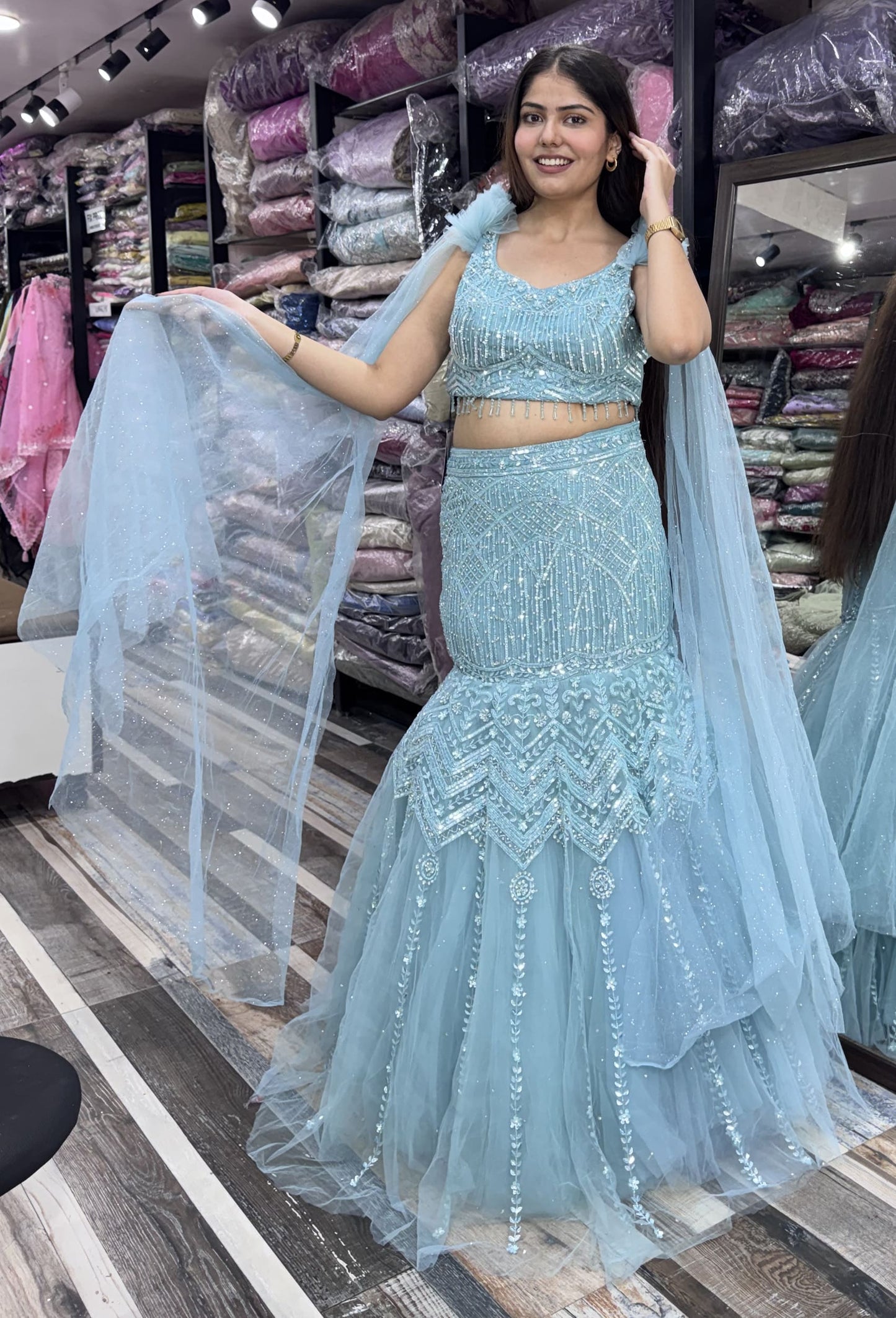 Fully Hand Embellished Designer Fish Cut Lehenga With Long Falling Sleeves Blouse