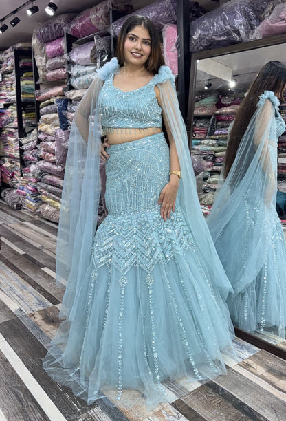 Fully Hand Embellished Designer Fish Cut Lehenga With Long Falling Sleeves Blouse