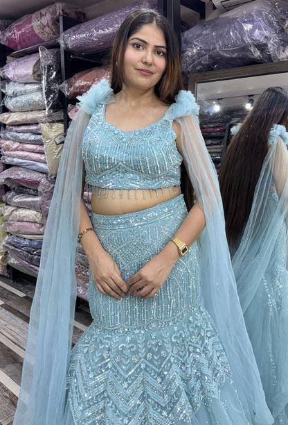 Fully Hand Embellished Designer Fish Cut Lehenga With Long Falling Sleeves Blouse