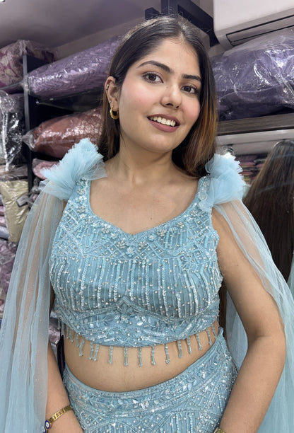 Fully Hand Embellished Designer Fish Cut Lehenga With Long Falling Sleeves Blouse