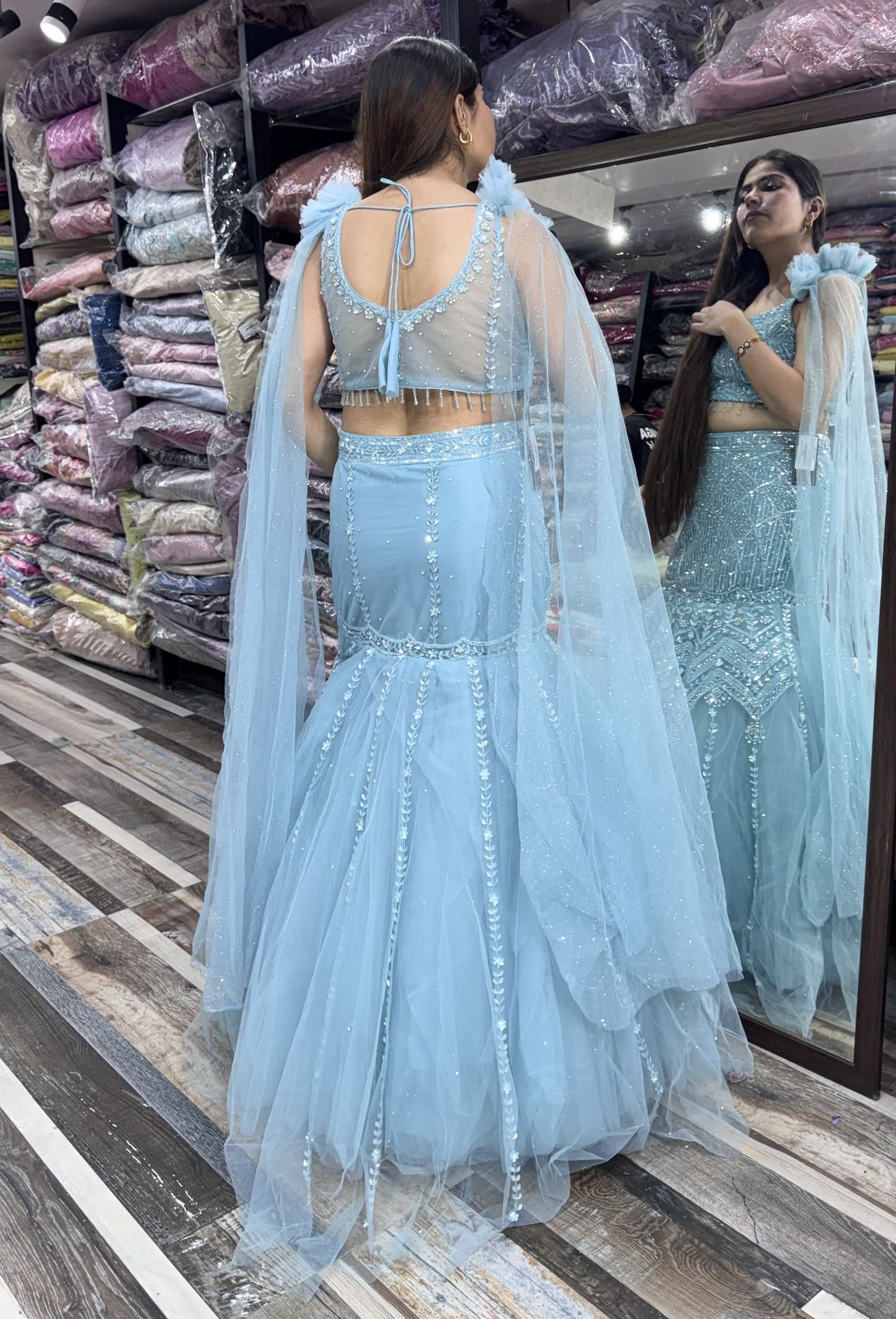 Fully Hand Embellished Designer Fish Cut Lehenga With Long Falling Sleeves Blouse