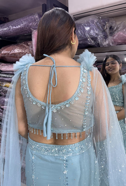 Fully Hand Embellished Designer Fish Cut Lehenga With Long Falling Sleeves Blouse
