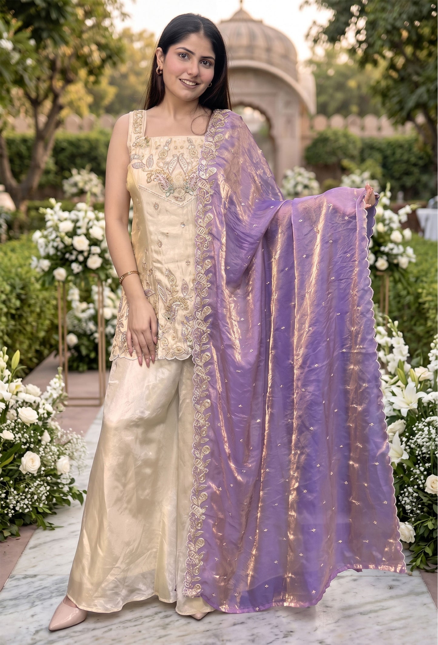 Multi Embroidered Shimmer Tissue Cord Set With Stylish Plazo Suit And Contrast Dupatta