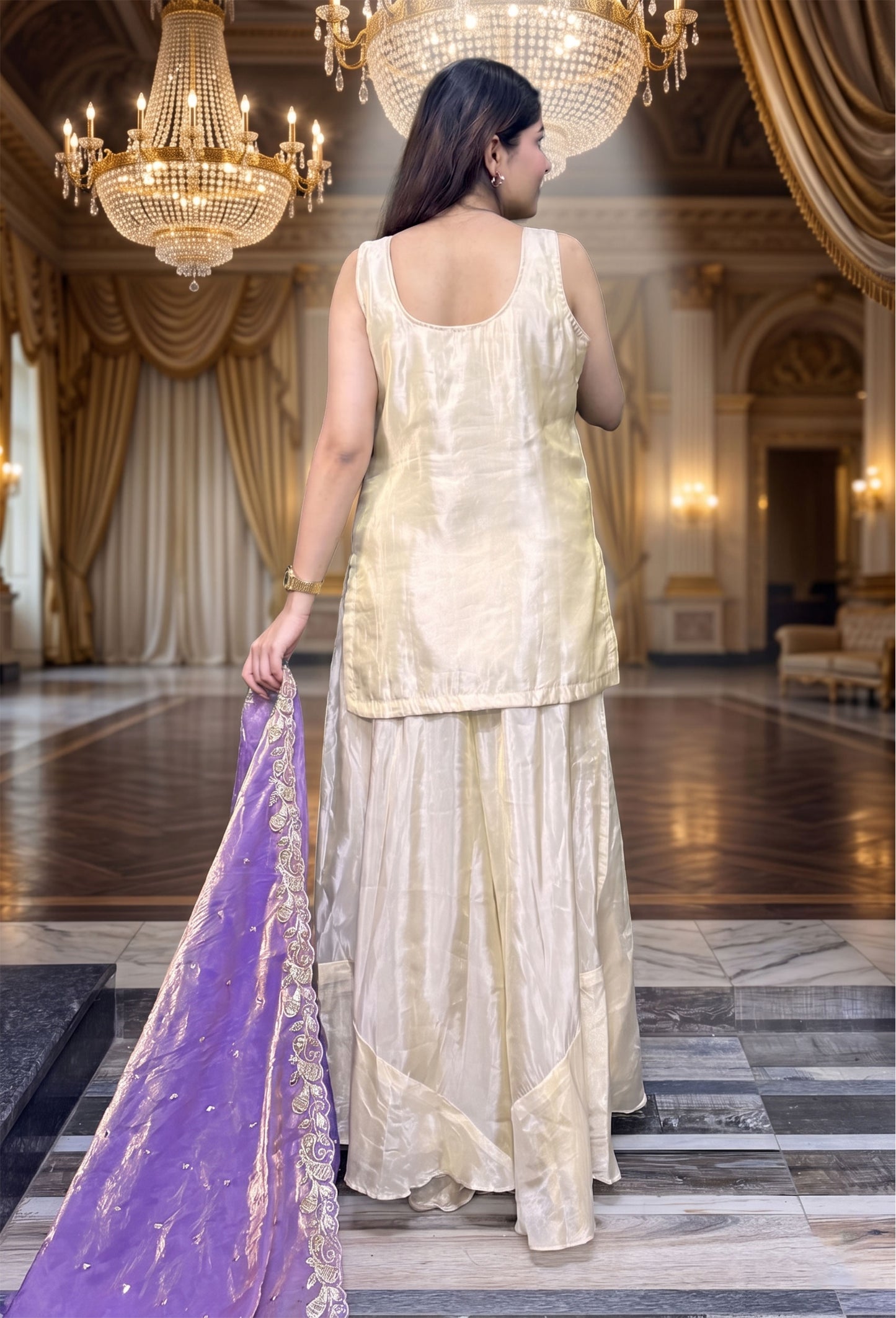 Multi Embroidered Shimmer Tissue Cord Set With Stylish Plazo Suit And Contrast Dupatta