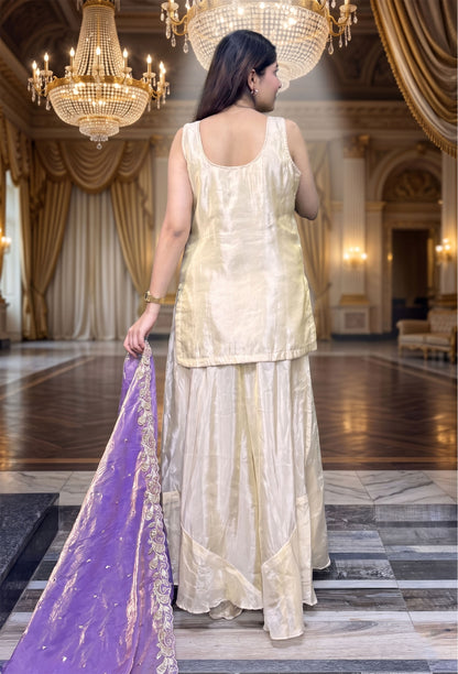 Multi Embroidered Shimmer Tissue Cord Set With Stylish Plazo Suit And Contrast Dupatta