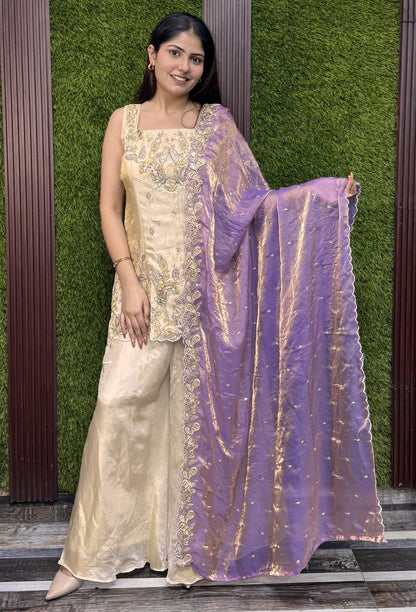 Multi Embroidered Shimmer Tissue Cord Set With Stylish Plazo Suit And Contrast Dupatta