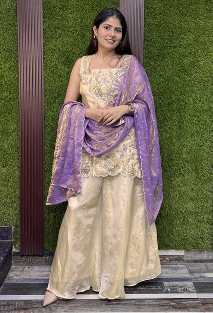 Multi Embroidered Shimmer Tissue Cord Set With Stylish Plazo Suit And Contrast Dupatta