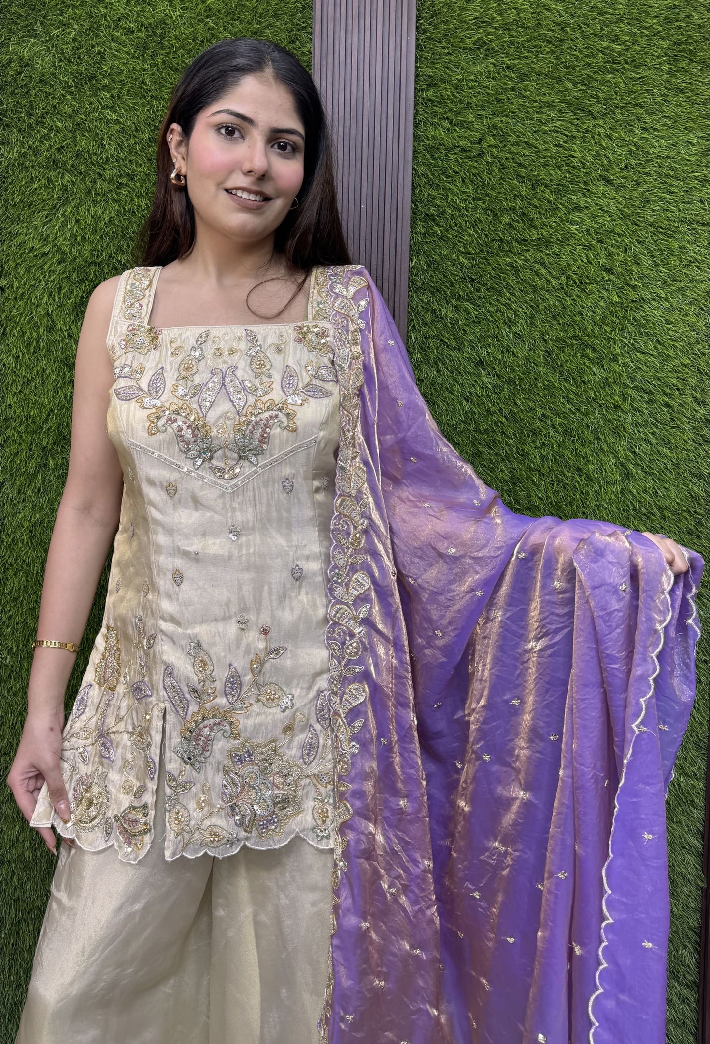 Multi Embroidered Shimmer Tissue Cord Set With Stylish Plazo Suit And Contrast Dupatta
