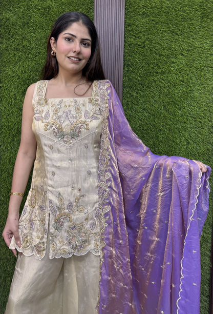 Multi Embroidered Shimmer Tissue Cord Set With Stylish Plazo Suit And Contrast Dupatta