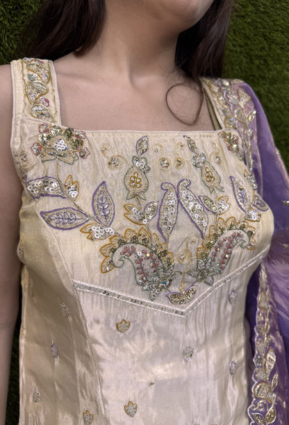 Multi Embroidered Shimmer Tissue Cord Set With Stylish Plazo Suit And Contrast Dupatta