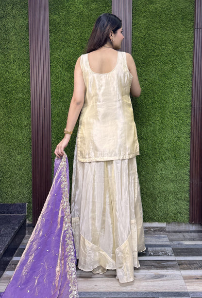 Multi Embroidered Shimmer Tissue Cord Set With Stylish Plazo Suit And Contrast Dupatta