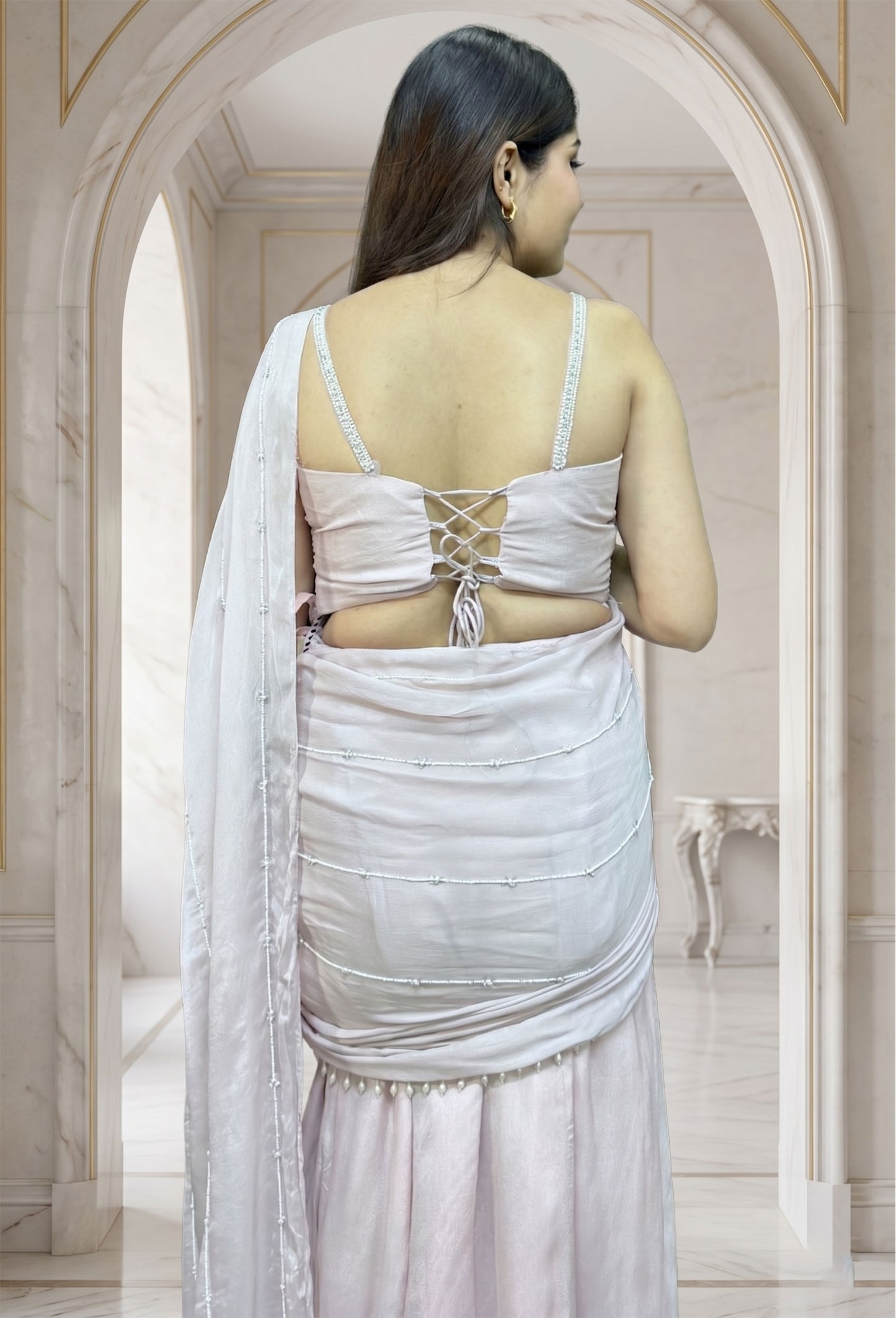 Readymade Open Traditional Pallu Drape Saree With Pearl Beaded Stylish Blouse