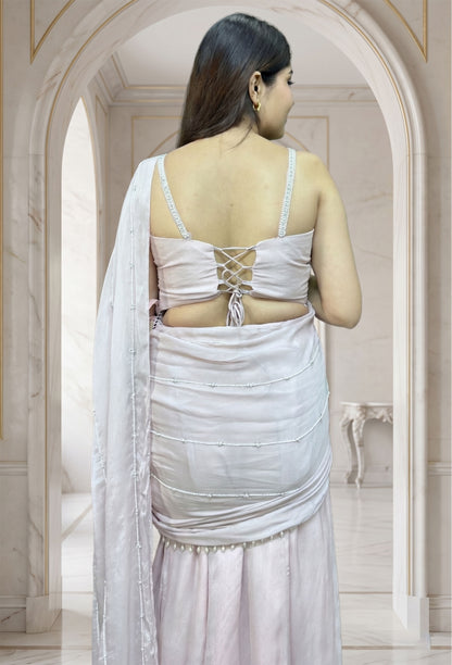 Readymade Open Traditional Pallu Drape Saree With Pearl Beaded Stylish Blouse