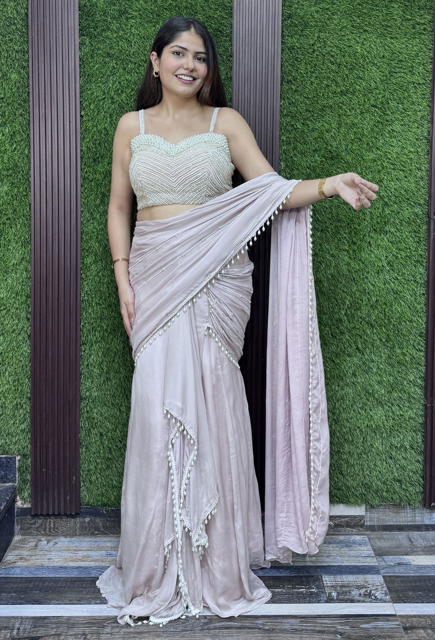 Readymade Open Traditional Pallu Drape Saree With Pearl Beaded Stylish Blouse