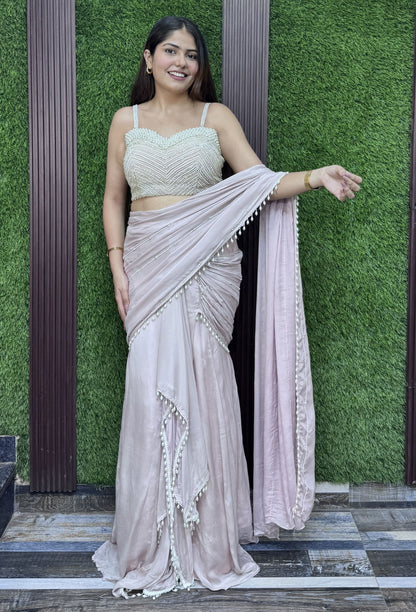 Readymade Open Traditional Pallu Drape Saree With Pearl Beaded Stylish Blouse