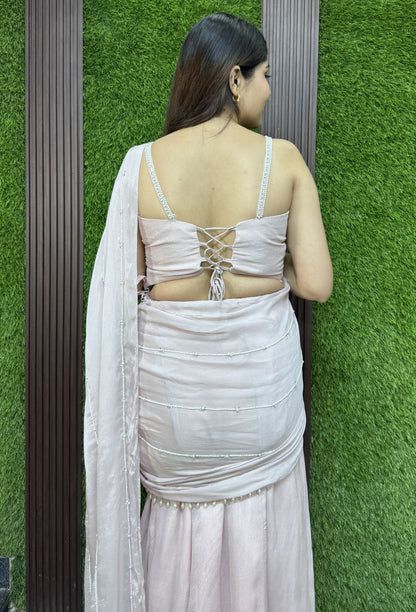 Readymade Open Traditional Pallu Drape Saree With Pearl Beaded Stylish Blouse