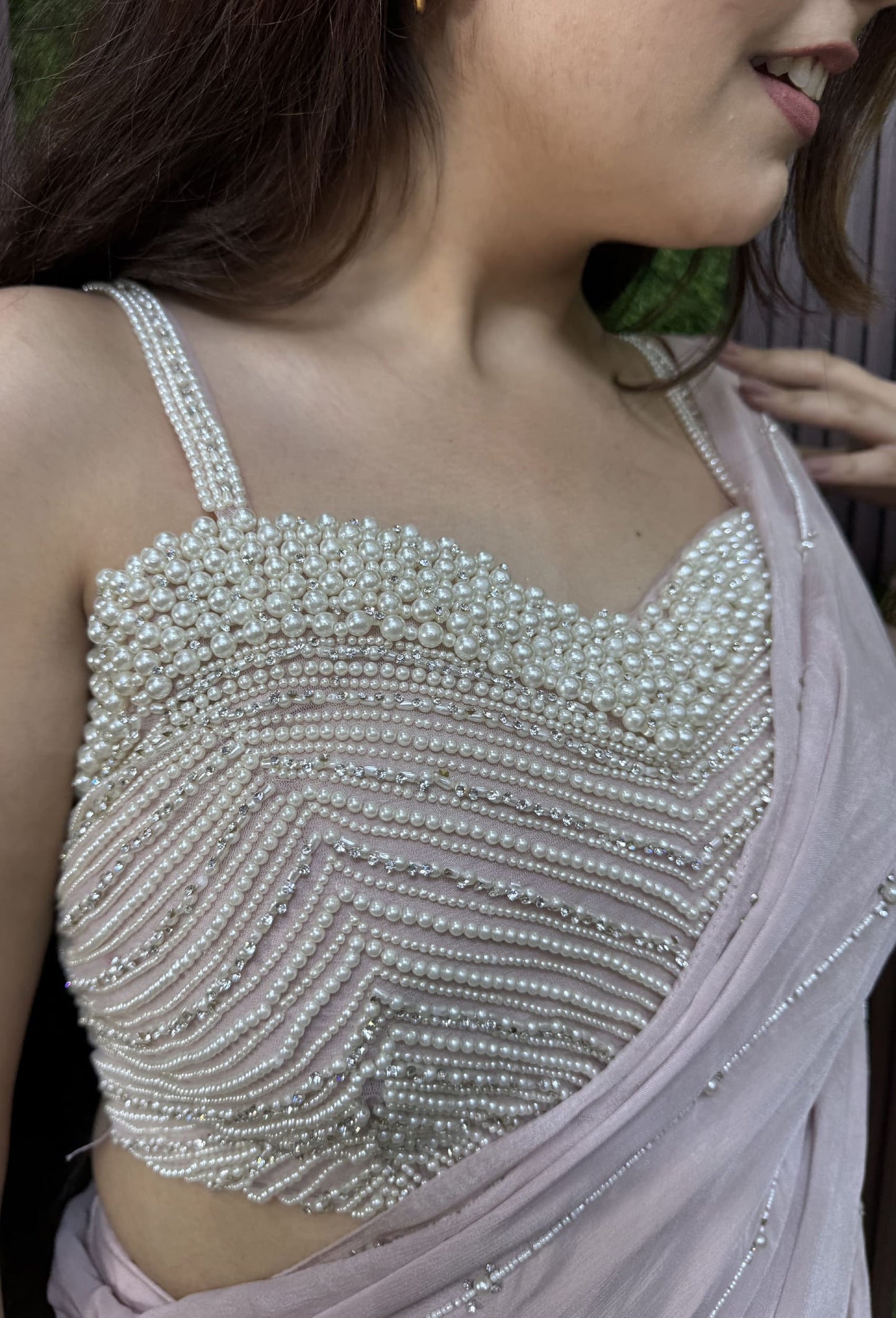 Readymade Open Traditional Pallu Drape Saree With Pearl Beaded Stylish Blouse