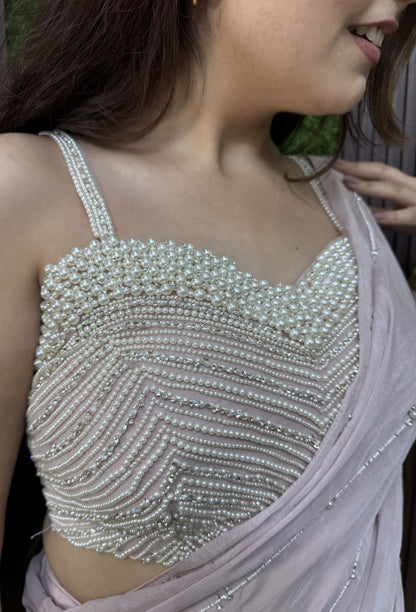 Readymade Open Traditional Pallu Drape Saree With Pearl Beaded Stylish Blouse