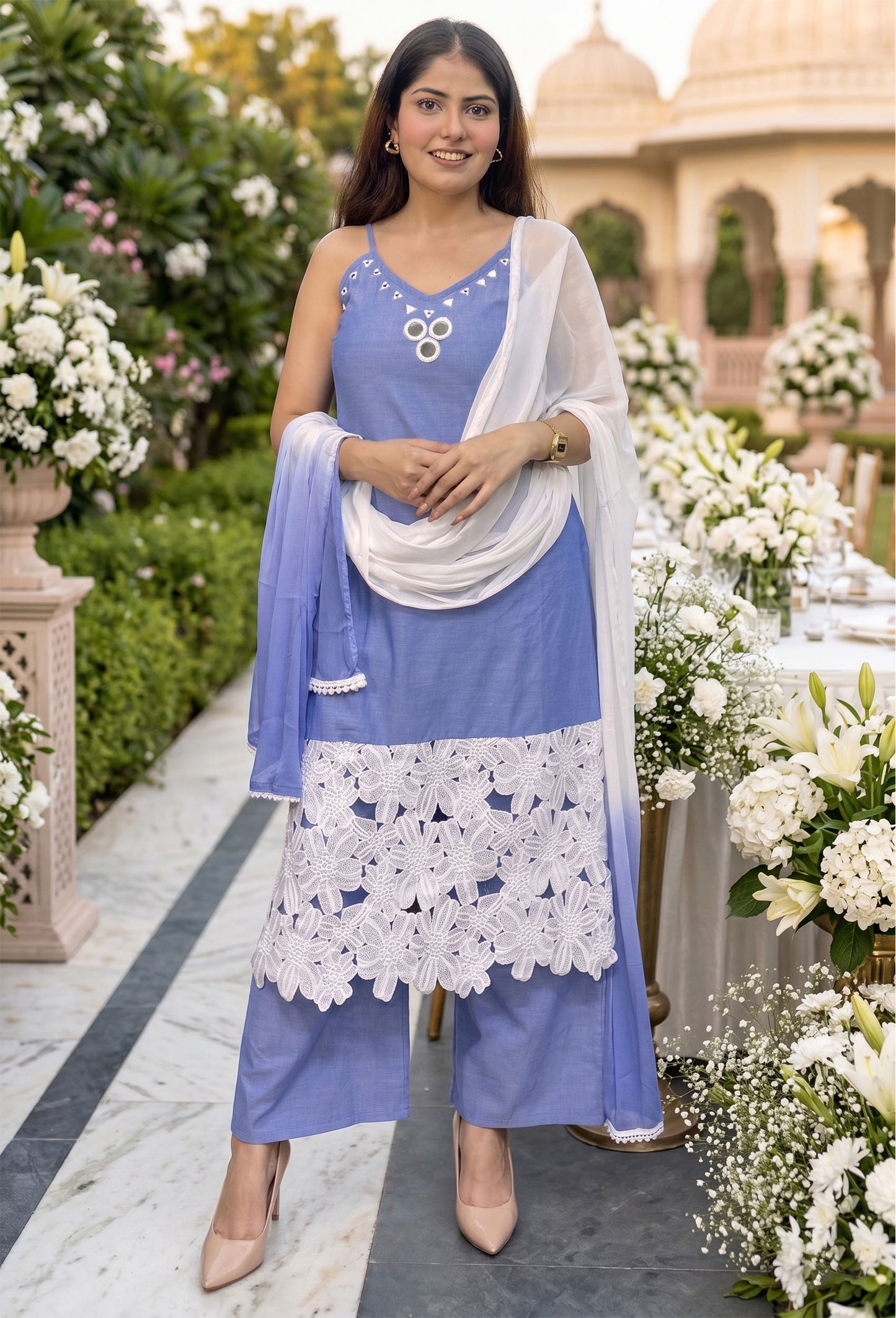 Chambray Cotton Noodle Strap Suit Set With Mirror Work Tie Dye Dupatta
