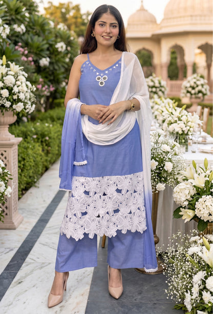 Chambray Cotton Noodle Strap Suit Set With Mirror Work Tie Dye Dupatta