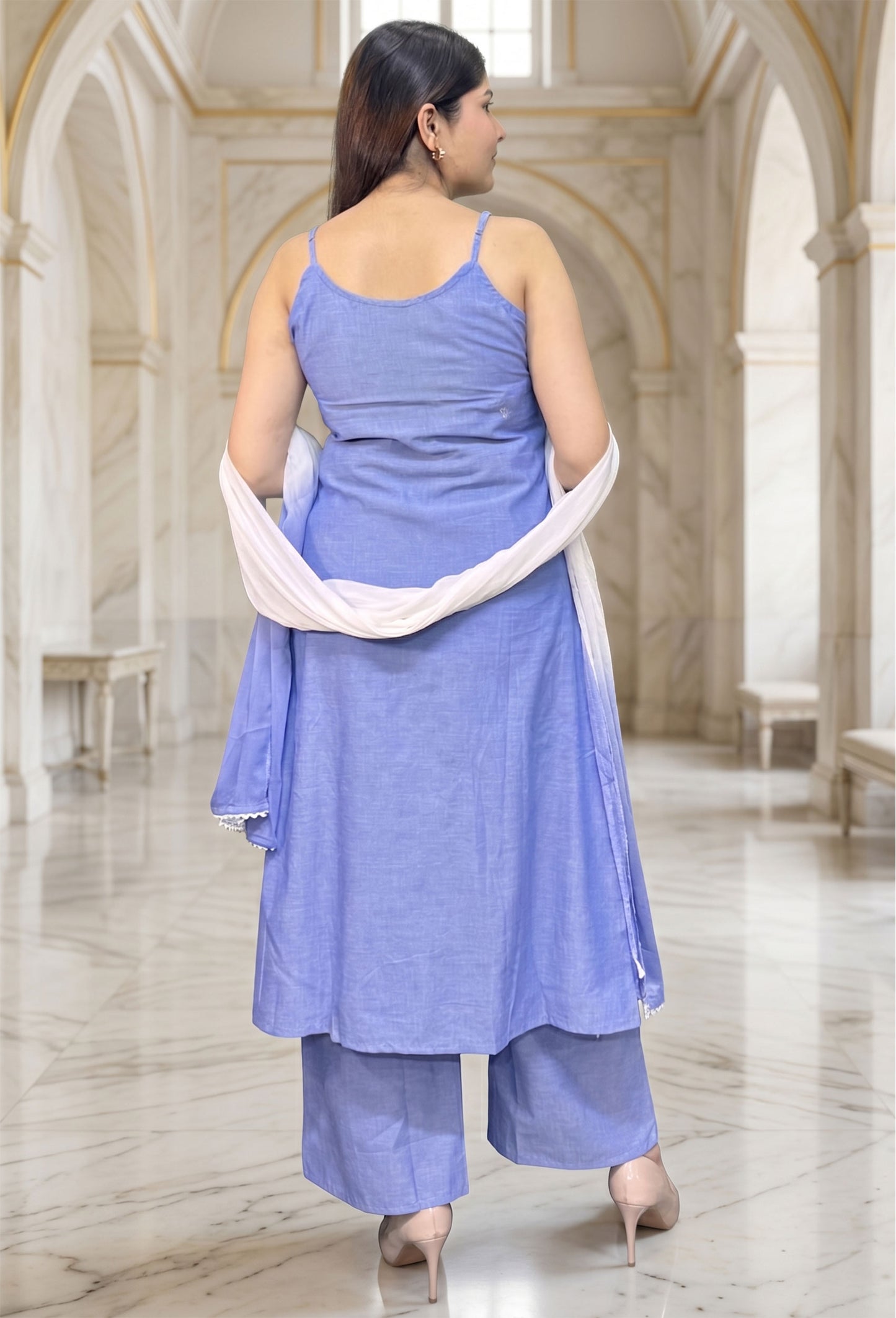 Chambray Cotton Noodle Strap Suit Set With Mirror Work Tie Dye Dupatta