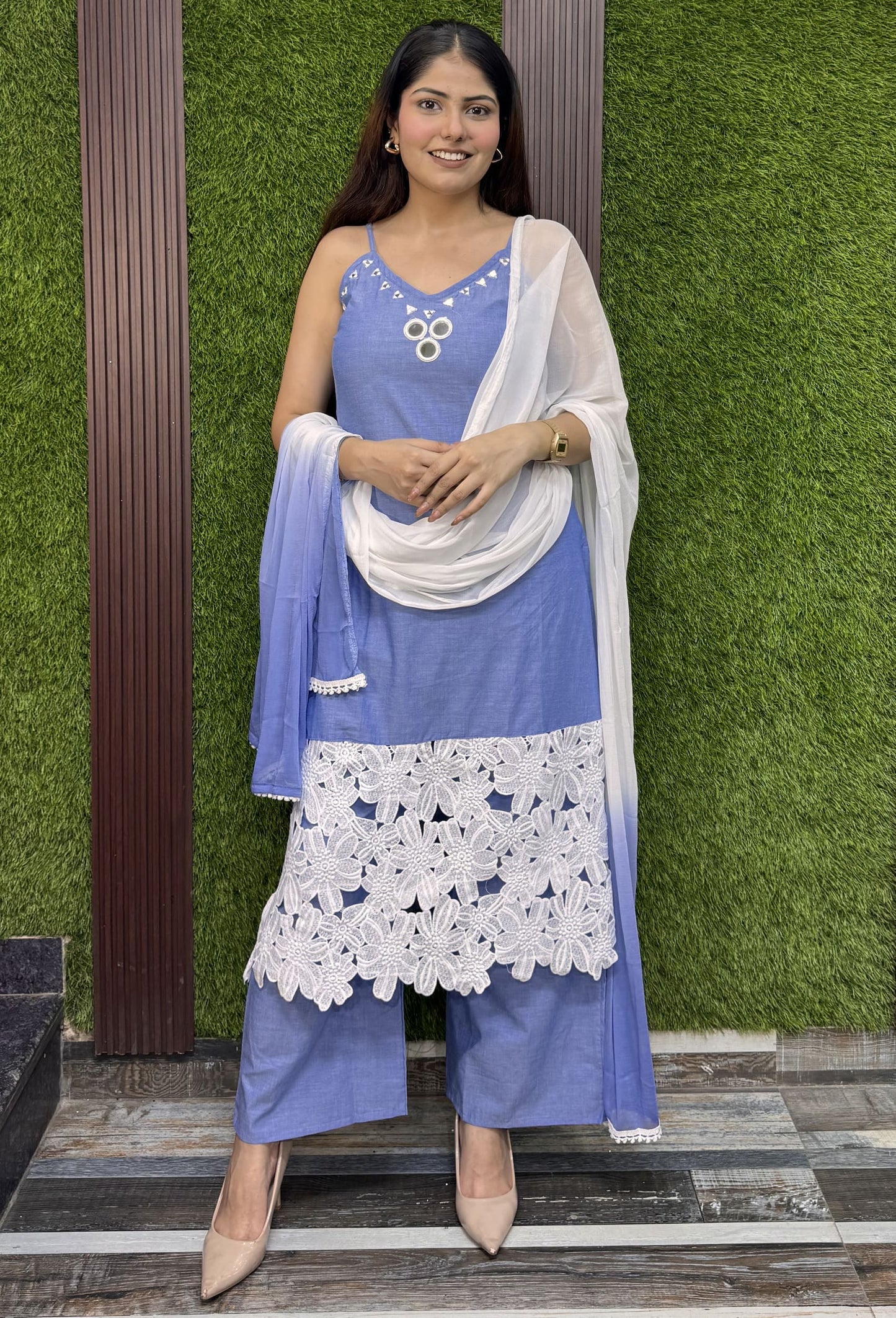 Chambray Cotton Noodle Strap Suit Set With Mirror Work Tie Dye Dupatta