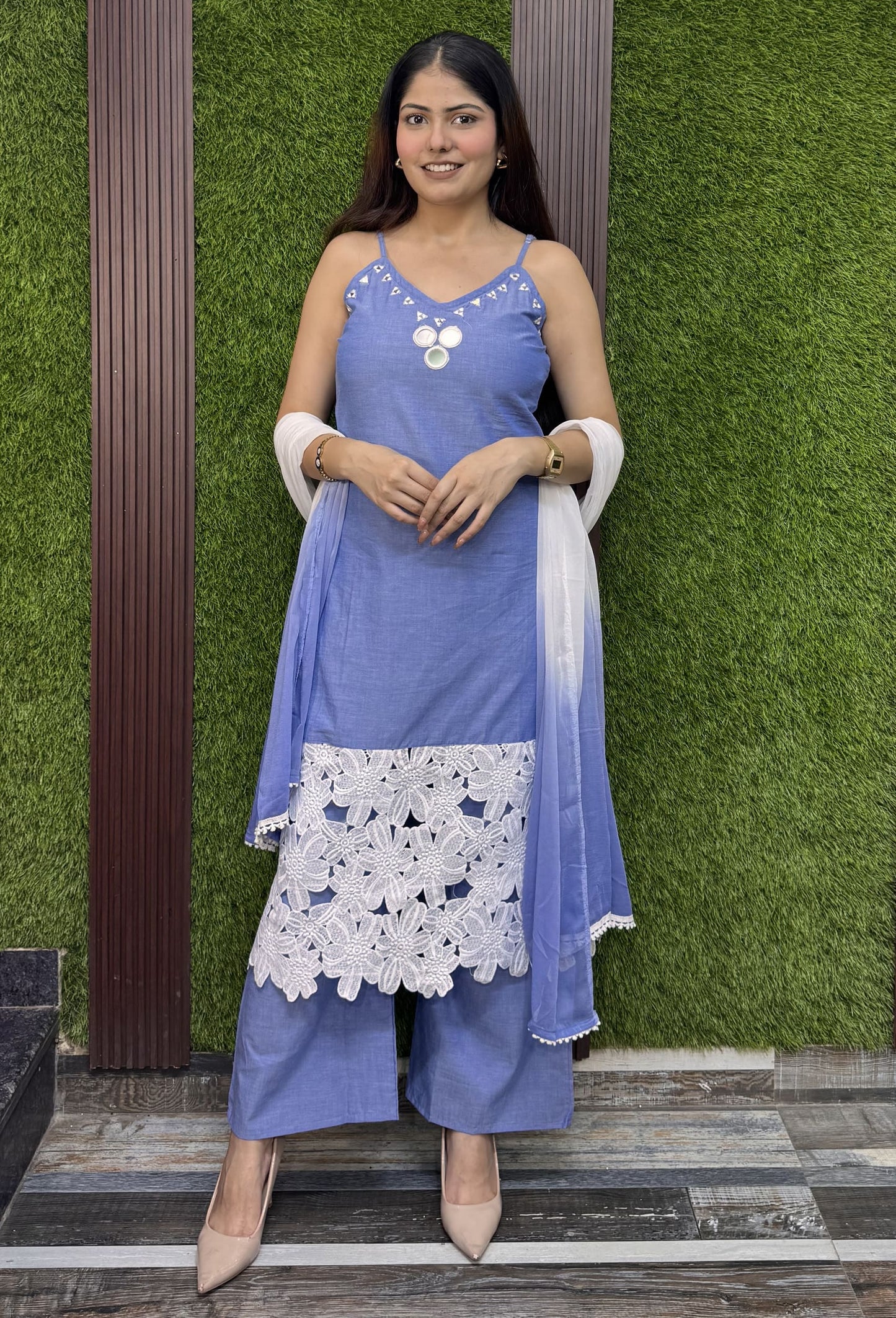 Chambray Cotton Noodle Strap Suit Set With Mirror Work Tie Dye Dupatta