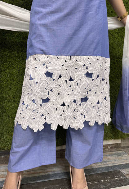 Chambray Cotton Noodle Strap Suit Set With Mirror Work Tie Dye Dupatta
