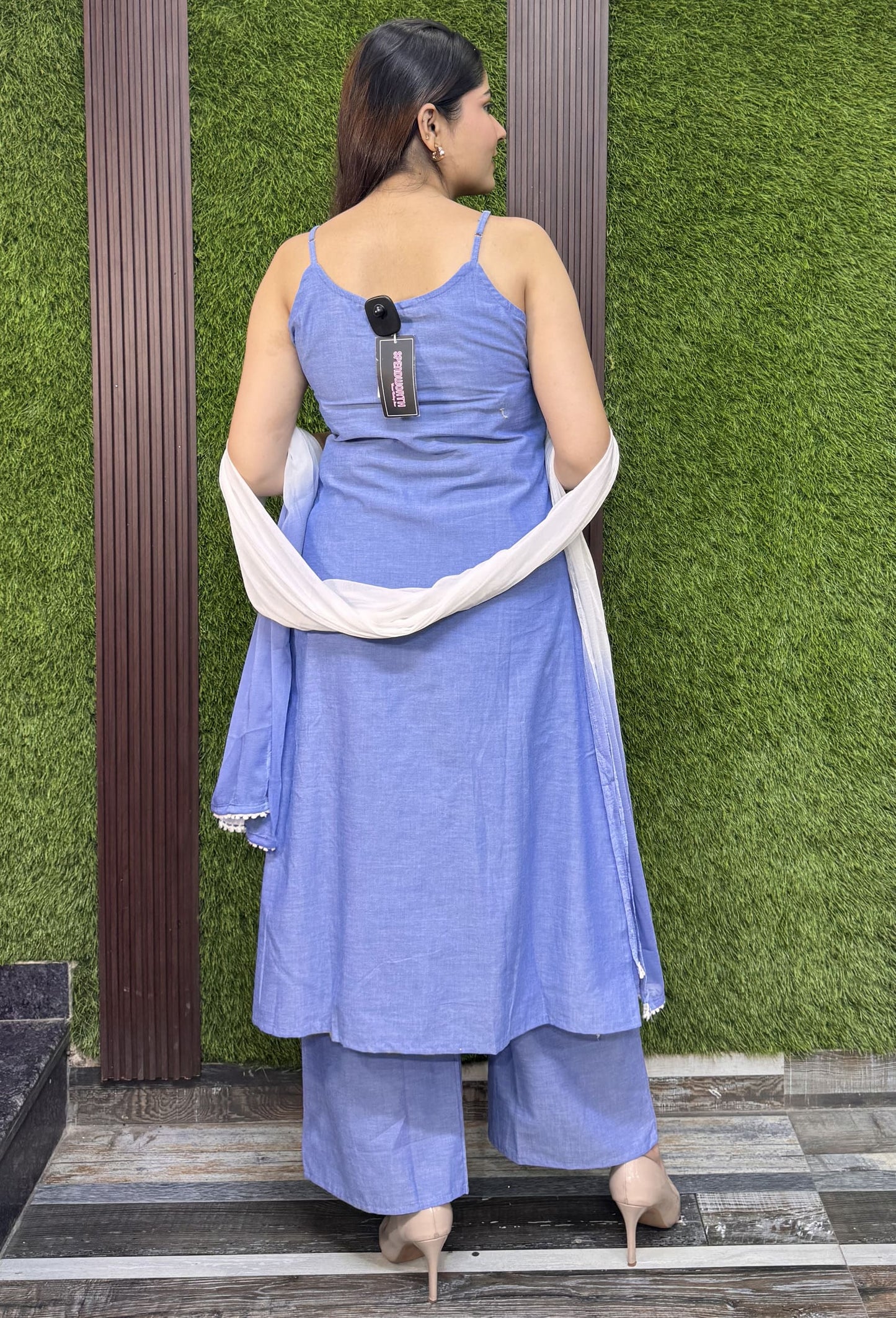Chambray Cotton Noodle Strap Suit Set With Mirror Work Tie Dye Dupatta