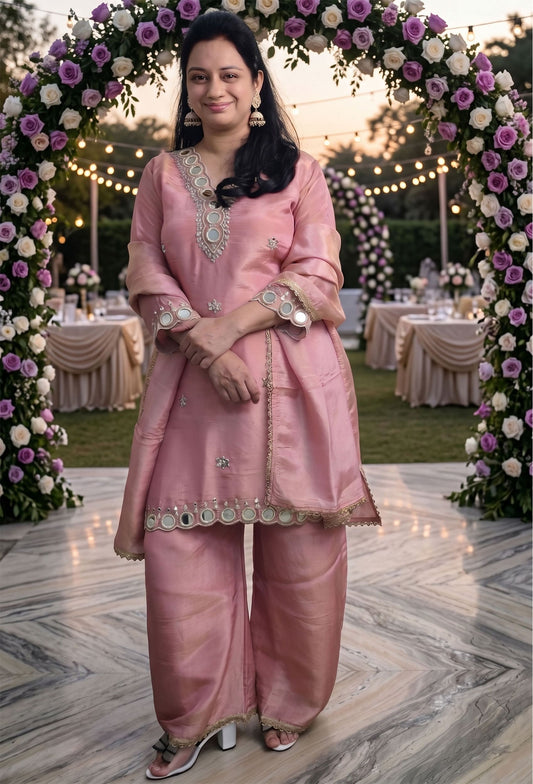 Partywear Mirror Work Palazzo Suit with Shimmer Tissue Silk Dupatta