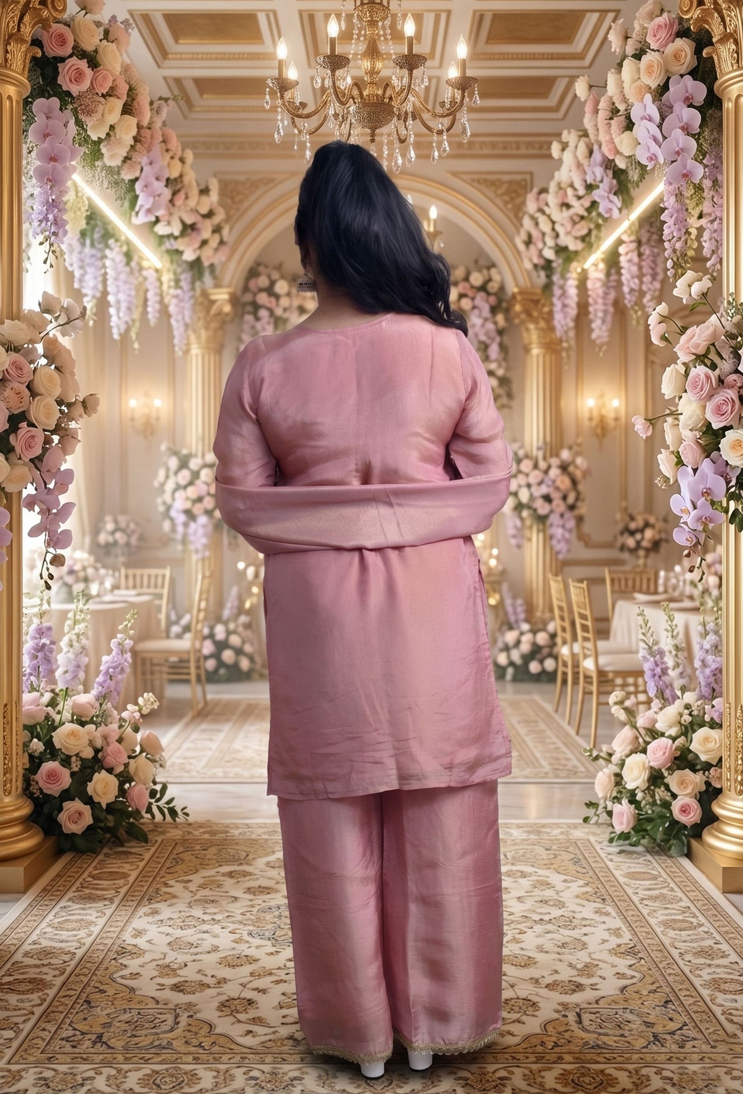 Partywear Mirror Work Palazzo Suit with Shimmer Tissue Silk Dupatta