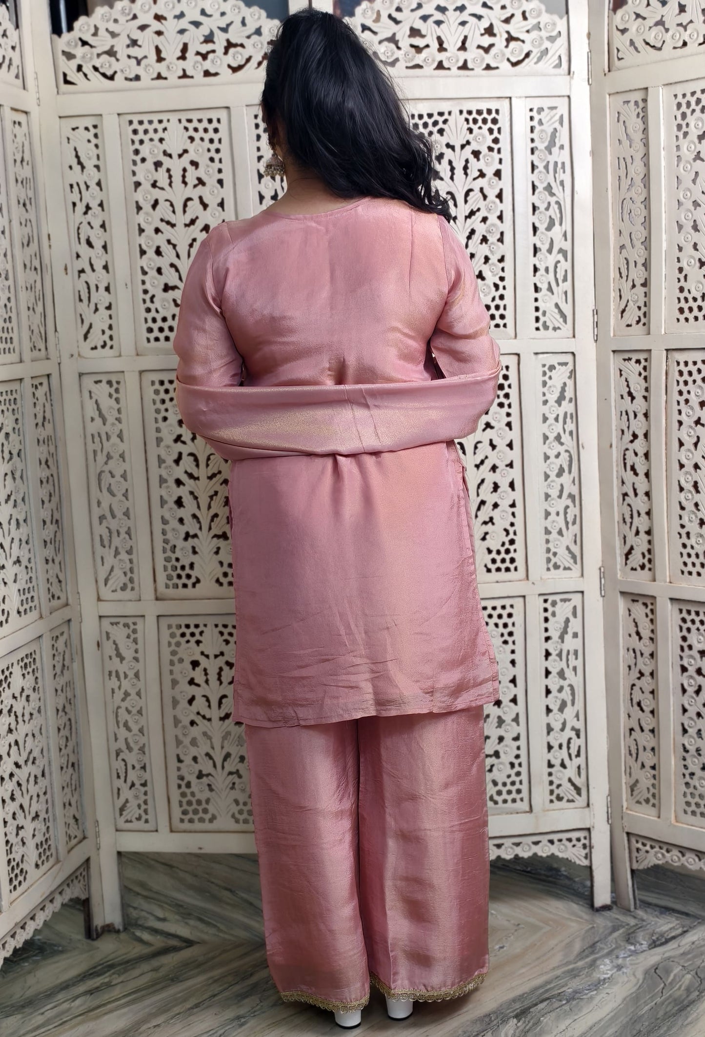 Partywear Mirror Work Palazzo Suit with Shimmer Tissue Silk Dupatta