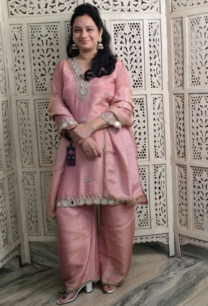 Partywear Mirror Work Palazzo Suit with Shimmer Tissue Silk Dupatta