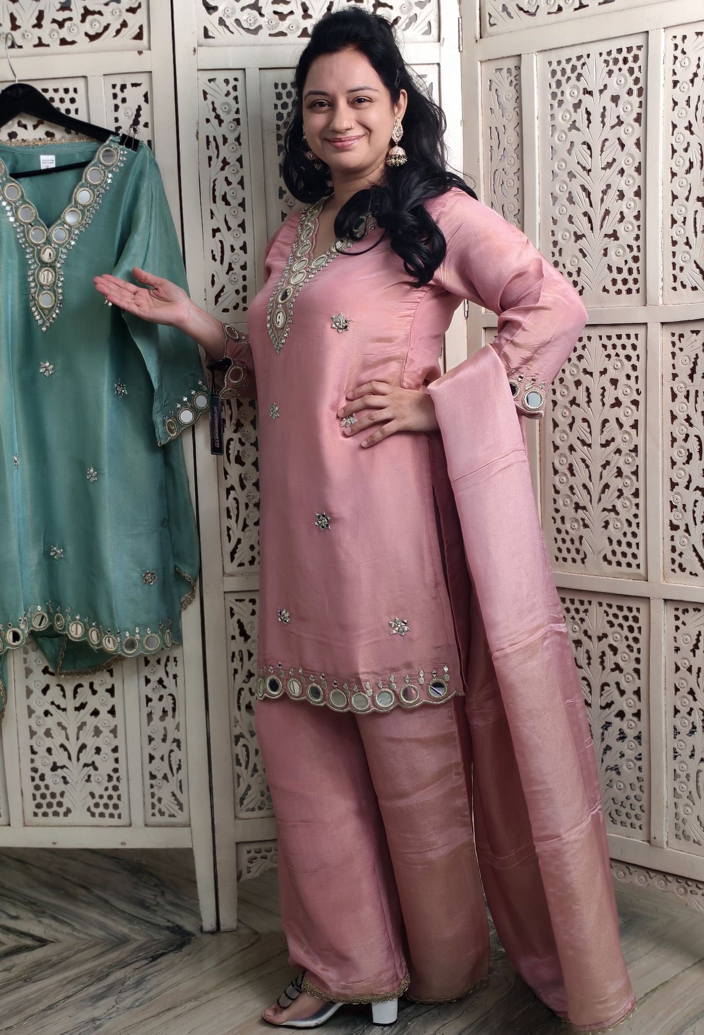 Partywear Mirror Work Palazzo Suit with Shimmer Tissue Silk Dupatta