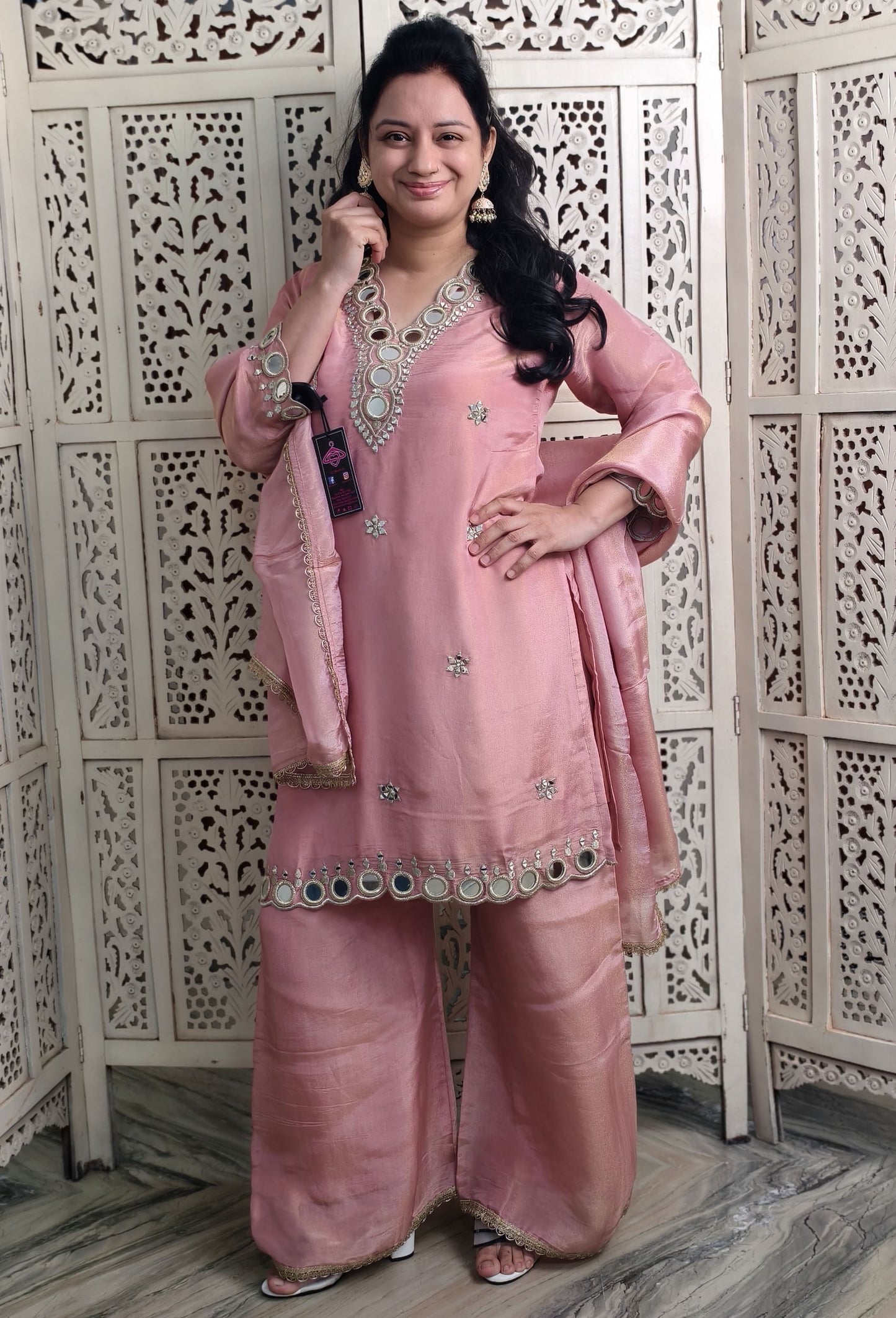 Partywear Mirror Work Palazzo Suit with Shimmer Tissue Silk Dupatta