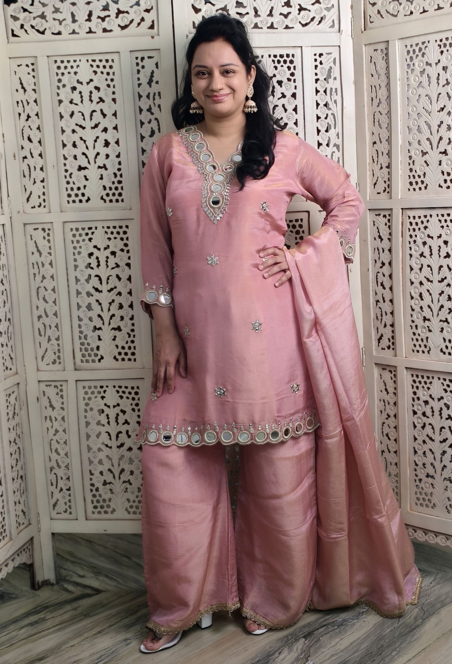 Partywear Mirror Work Palazzo Suit with Shimmer Tissue Silk Dupatta