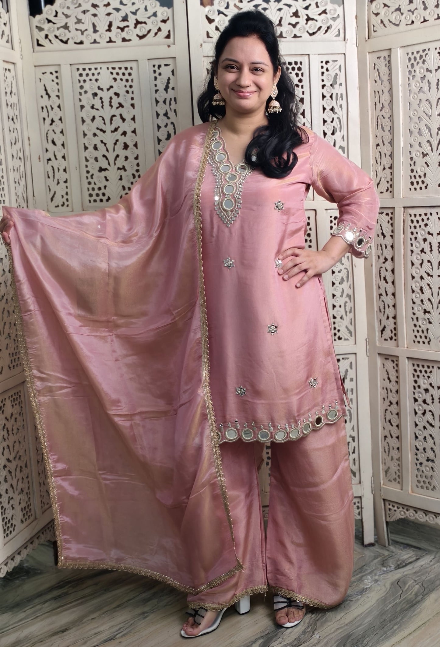 Partywear Mirror Work Palazzo Suit with Shimmer Tissue Silk Dupatta