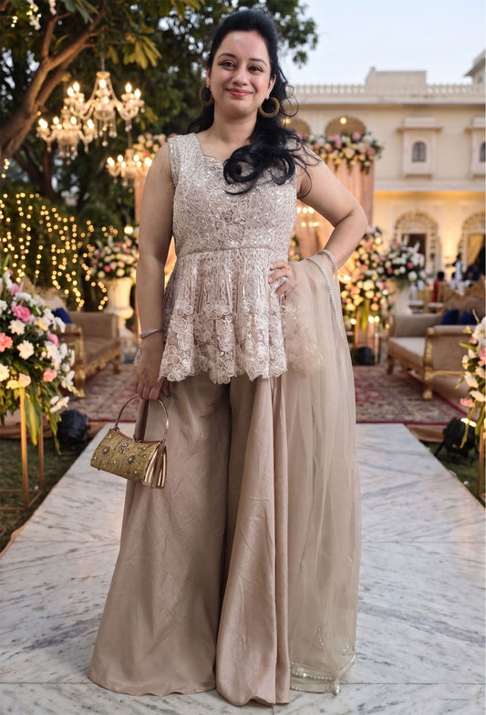 Circular Peplum Net Top and Chinnon Silk Plazo Cord Set